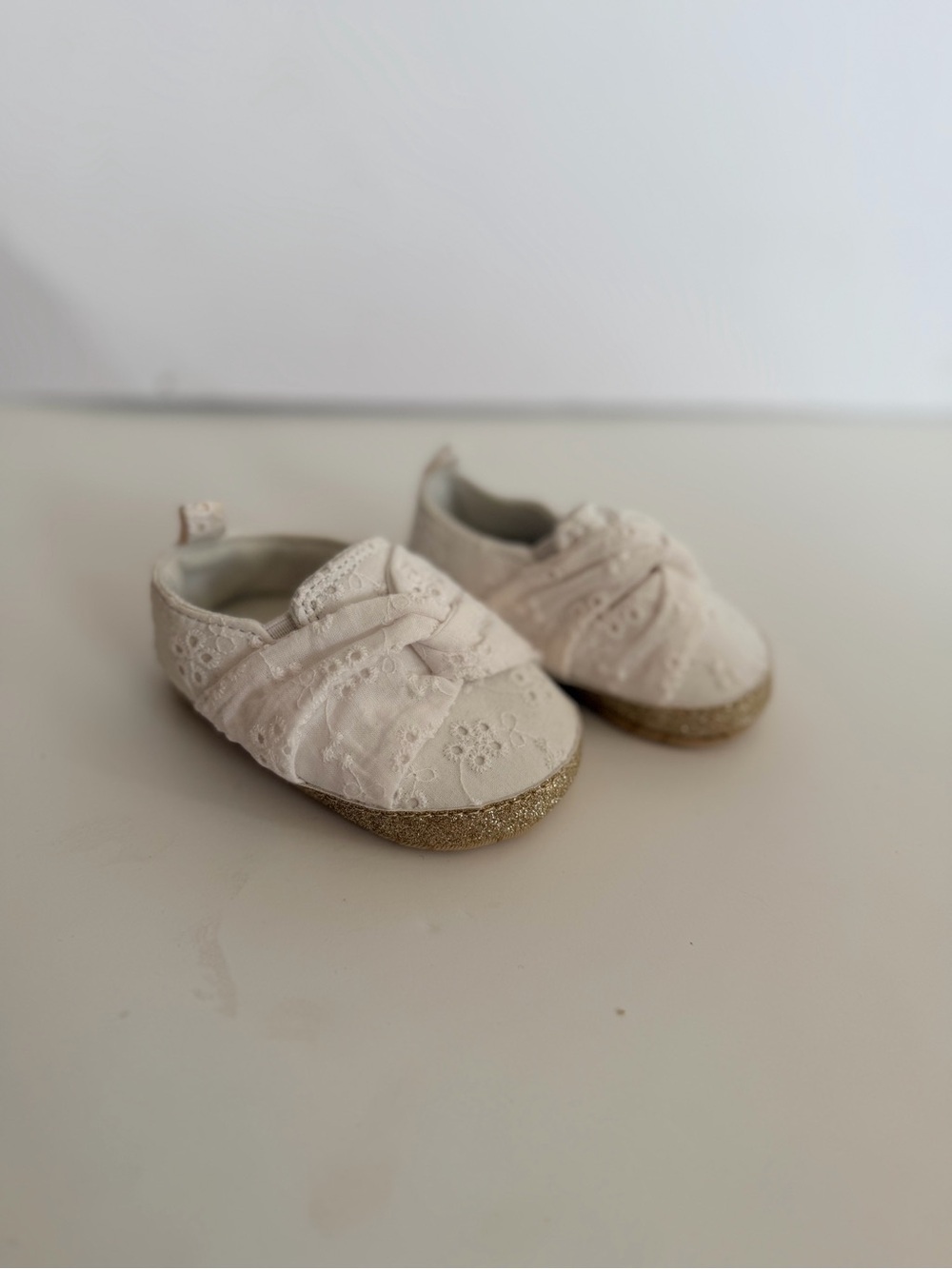 Baby Girls White Eyelet Slip-On Shoes with Gold Glitter Sole